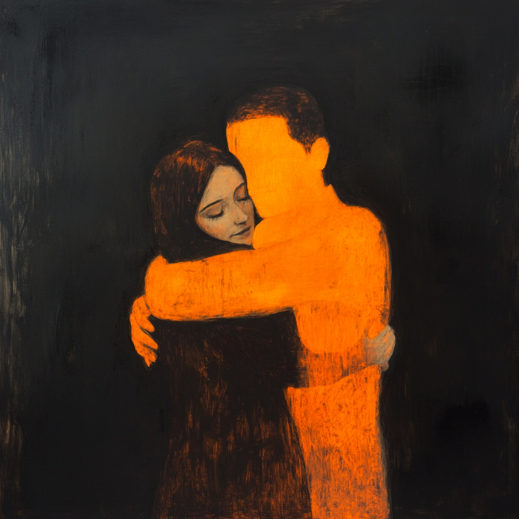 Gemälde einer Frau und eines Mannes, die sich im Dunkel umarmen – er in leuchtendem Orange, sie in Schwarz, symbolisch für Trost und Nähe.
