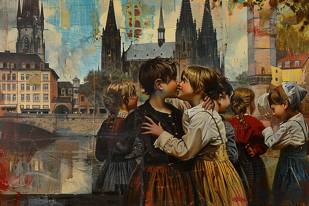 Romantisch anmutendes Gemälde, das eine Gruppe von Kindern in historischer Kleidung zeigt. Zwei von ihnen stehen im Mittelpunkt und küssen sich sanft, während andere daneben spielen oder zusehen. Im Hintergrund erheben sich gotische Kathedralen und alte Stadthäuser. Die Szene ist nostalgisch, zart beleuchtet und mit malerischen Texturen überzogen.
