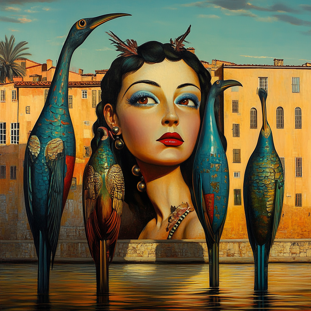 Surreales Porträt einer eleganten Frau, umgeben von großen, blau-grün schimmernden Vögeln vor goldgelben Gebäuden – eine Mischung aus Klassik und Fantasie.

