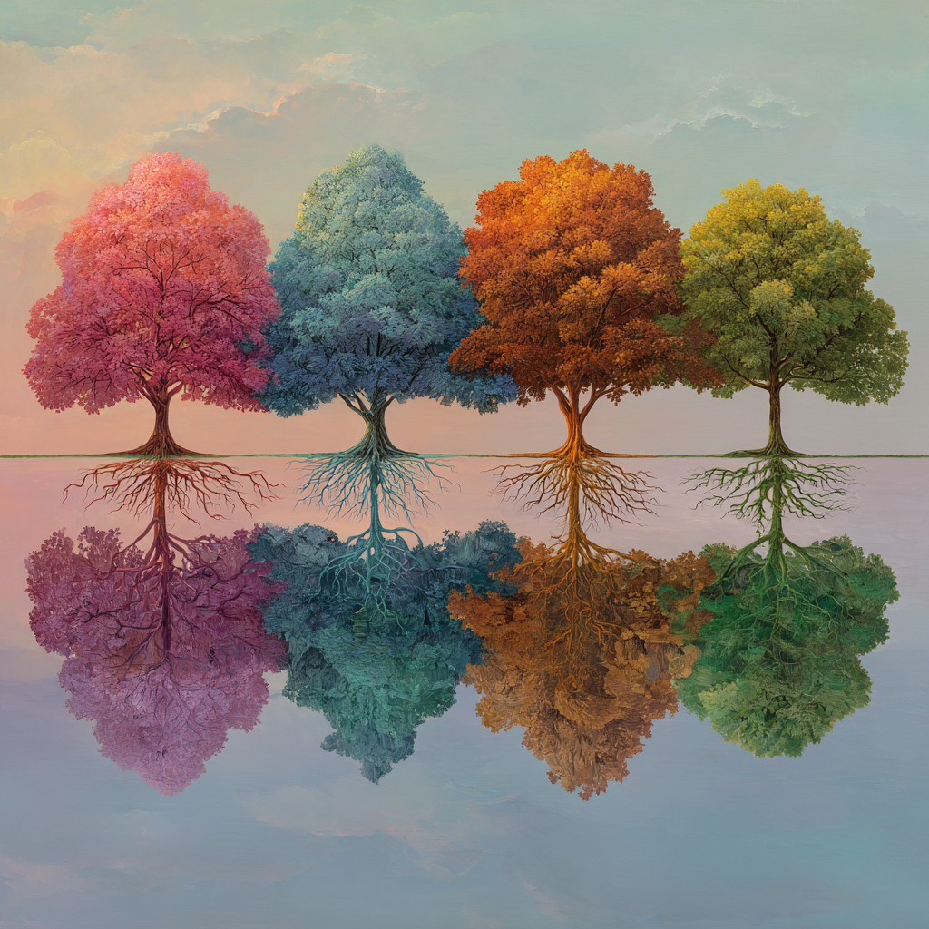 Vier verschiedenfarbige Bäume spiegeln sich im ruhigen Wasser, ihre sichtbaren
Wurzeln bilden ein harmonisches Muster.

