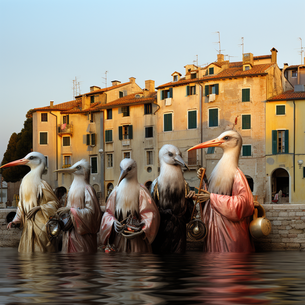 surrealistische figuren mit vogelkoepfen in historischer stadtszene
