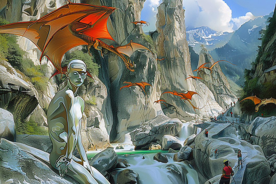 Surreale Gebirgsszene mit einem humanoiden, metallisch schimmernden Wesen im Vordergrund. Über den Felsen fliegen zahlreiche rote, drachenähnliche Kreaturen. Eine Gruppe kleiner Menschenfiguren wandert auf Stegen entlang eines türkisfarbenen Flusses durch die gewaltige Landschaft.
