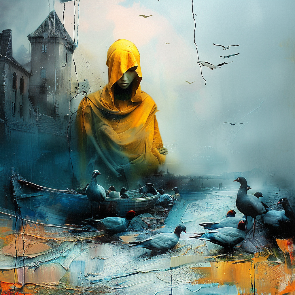 Eine in Gelb gehüllte, geheimnisvolle Gestalt steht am Ufer vor einem alten Turm. Um sie herum sammeln sich Tauben auf Booten und Steinen, während Nebel und kaltes Licht die Szene durchziehen.
