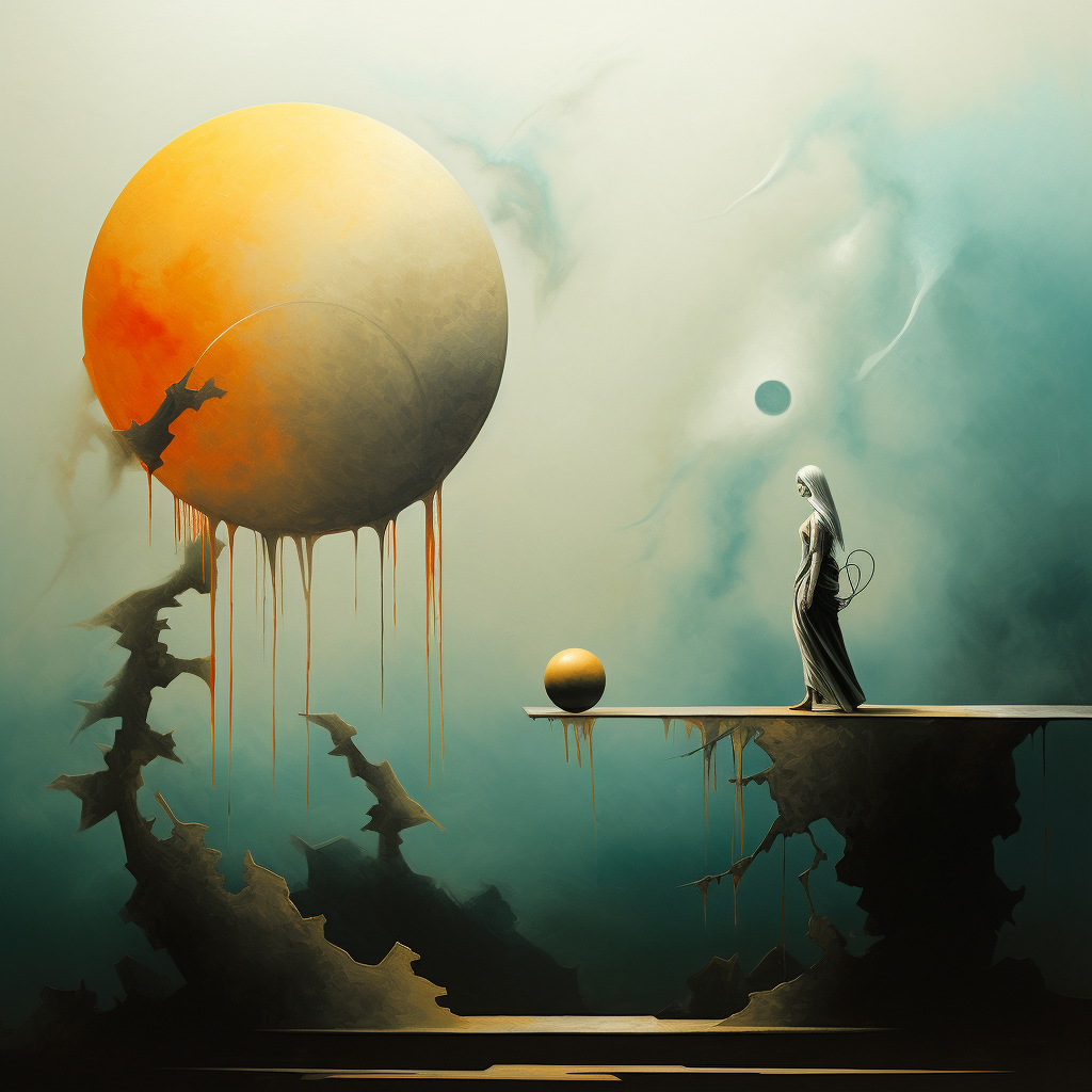 Surreales Kunstwerk mit einer weiblichen Figur auf einer schwebenden Plattform, die einer riesigen, glühenden Kugel gegenübersteht, mit einer mystischen Atmosphäre in Gold- und Grüntönen.
