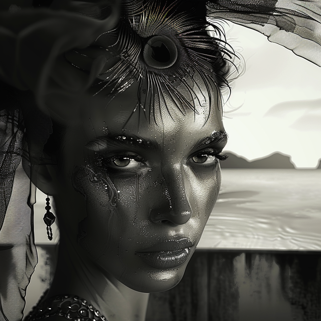 Monochromes Porträt einer Frau mit glänzender Haut, ornamentalen Details und mystischem Blick, inspiriert von surrealer Ästhetik.
