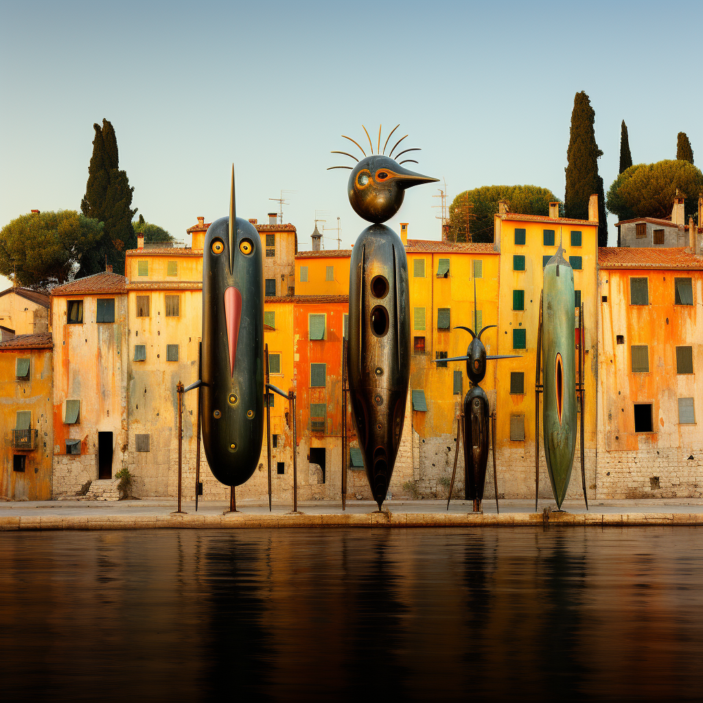 surrealistische metallfiguren vor alten häuserfassaden am wasser
