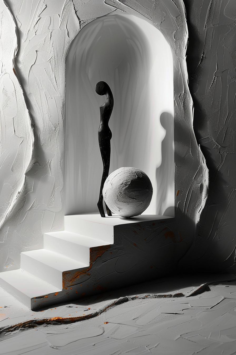 Abstrakte schwarze Figur mit Kugel in einer weißen Nische auf Treppen, minimalistisches Spiel von Licht und Schatten.
