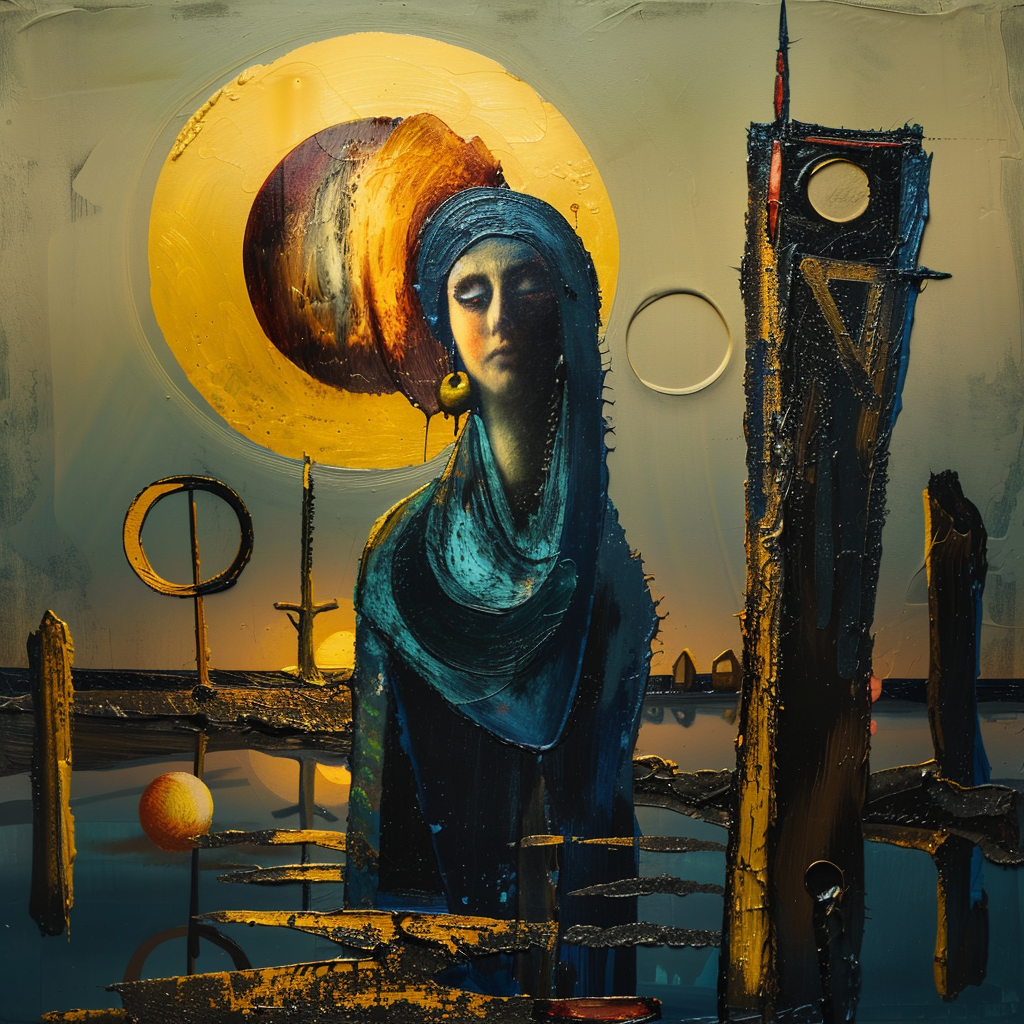 symbolische figur mit blauem gewand vor goldener sonne in mystischer landschaft
