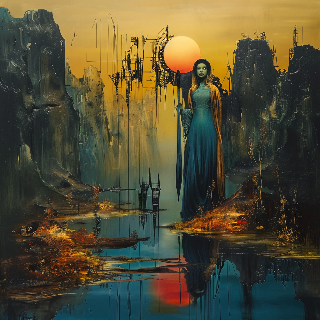 surrealistische landschaft mit frau in blau vor sonnenuntergang zwischen felsen und spiegelnder wasserfläche
