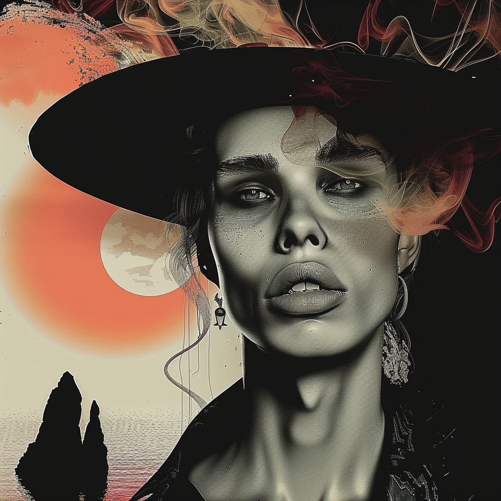 Surreales Porträt einer Frau mit Hut vor rotem Sonnenuntergang, Rauch und Felsen im Hintergrund – geheimnisvolle, symbolische Darstellung von Stärke und Einsamkeit.
