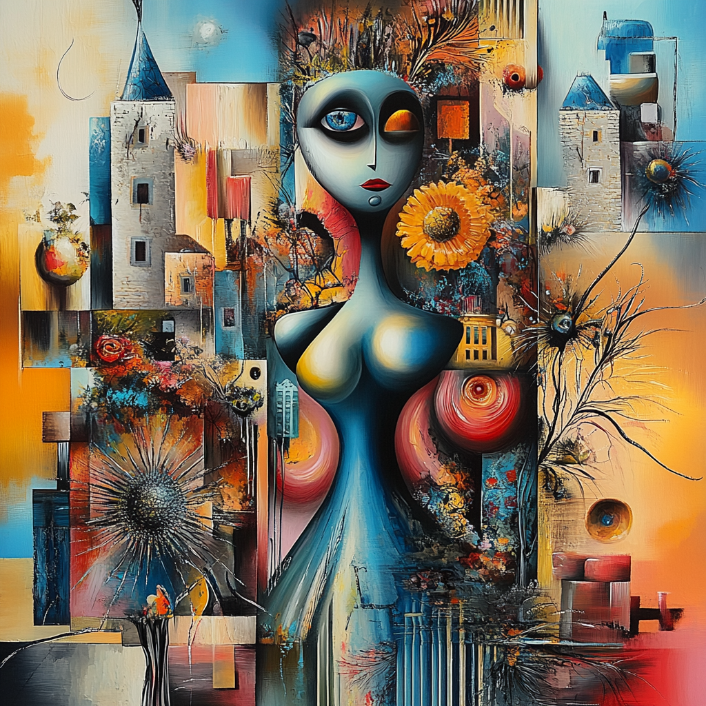 Farbintensive, surreale Darstellung einer abstrakten weiblichen Figur vor architektonischen Formen – eine Mischung aus Stadtlandschaft, Symbolik und Emotion.
