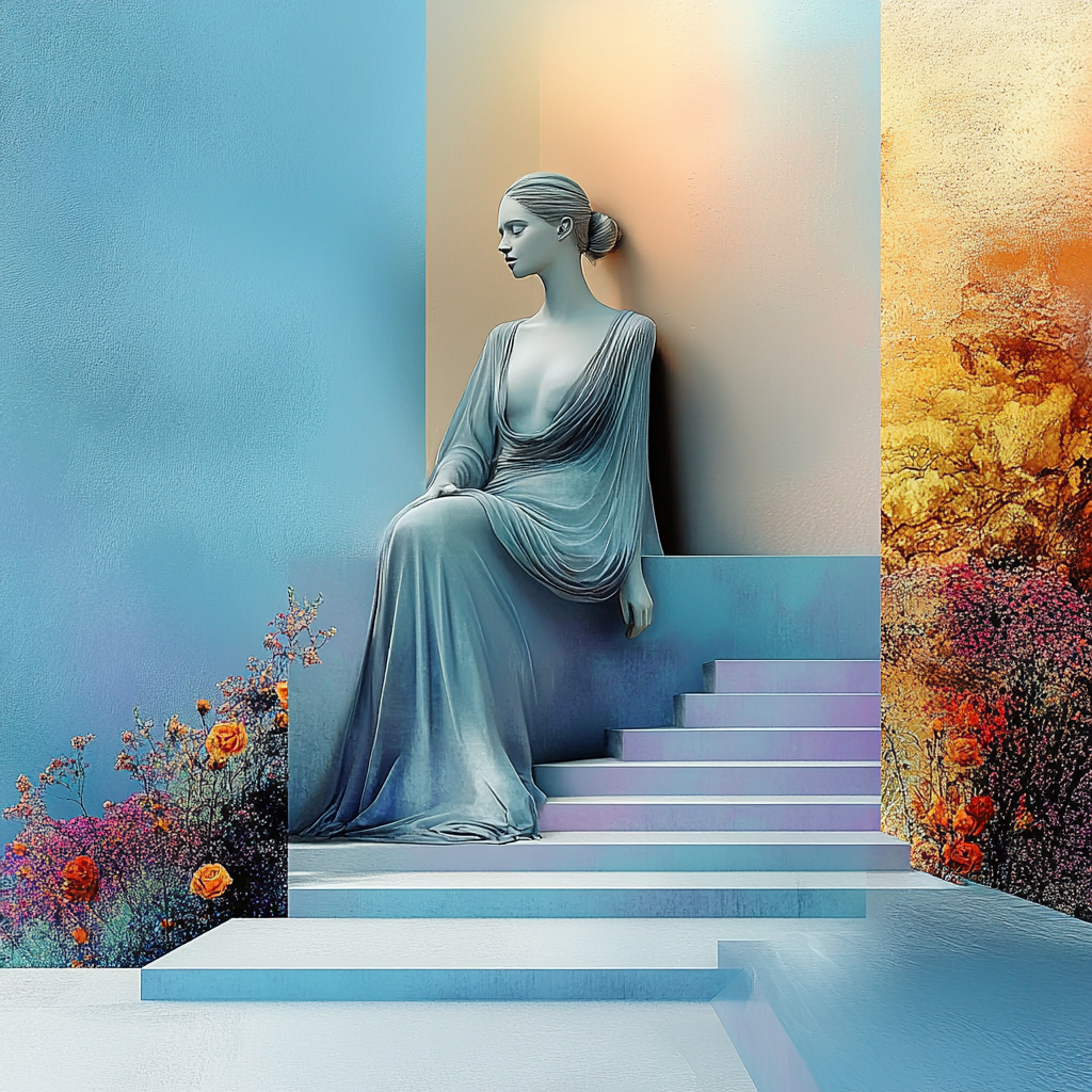 Elegante Frau in einem fließenden, blauen Kleid sitzt auf minimalistischen Stufen im Licht – eine ruhige, surreal-poetische Szene zwischen Architektur und Natur.
