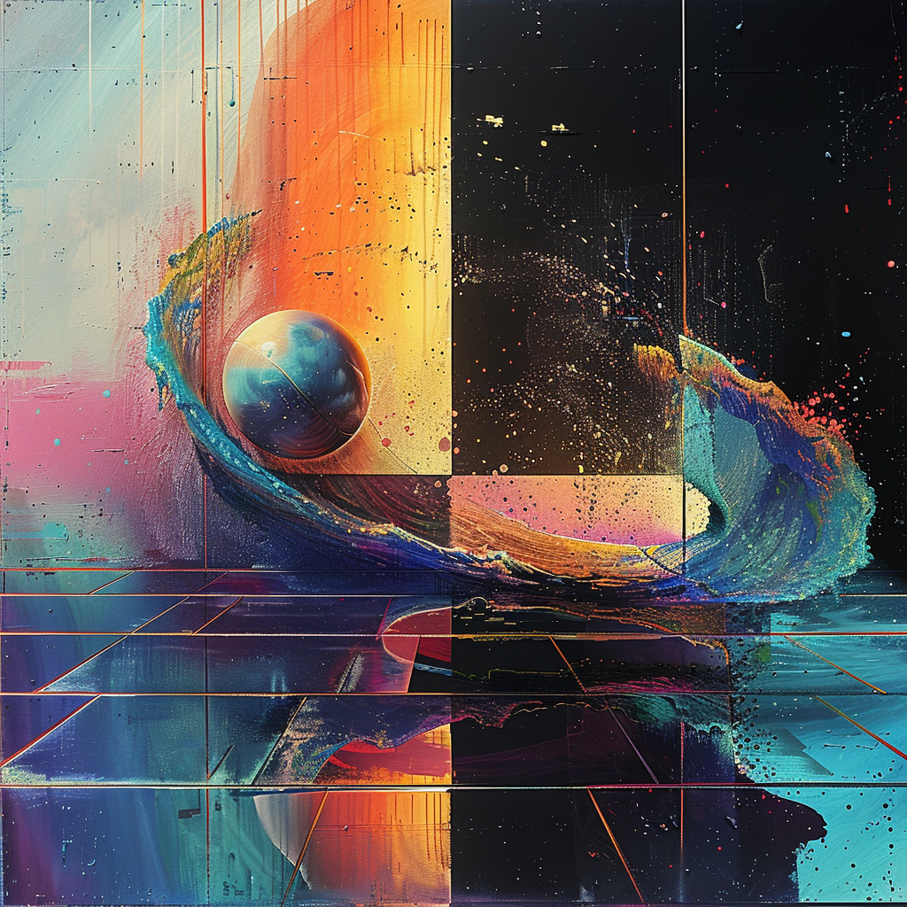 Abstrakte digitale Komposition mit einer schwebenden Kugel, die von einer farbintensiven Welle umgeben ist. Leuchtende Flächen in Gelb, Blau und Schwarz erzeugen eine dynamische Balance zwischen Bewegung und Stille.
