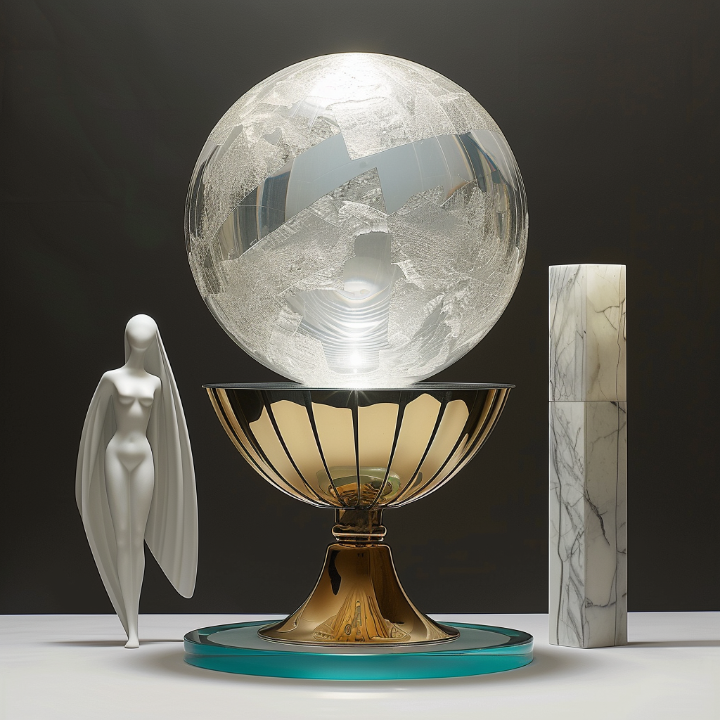 Skulpturale Komposition mit goldener Schale, gläserner Kugel und abstrakter Figur
