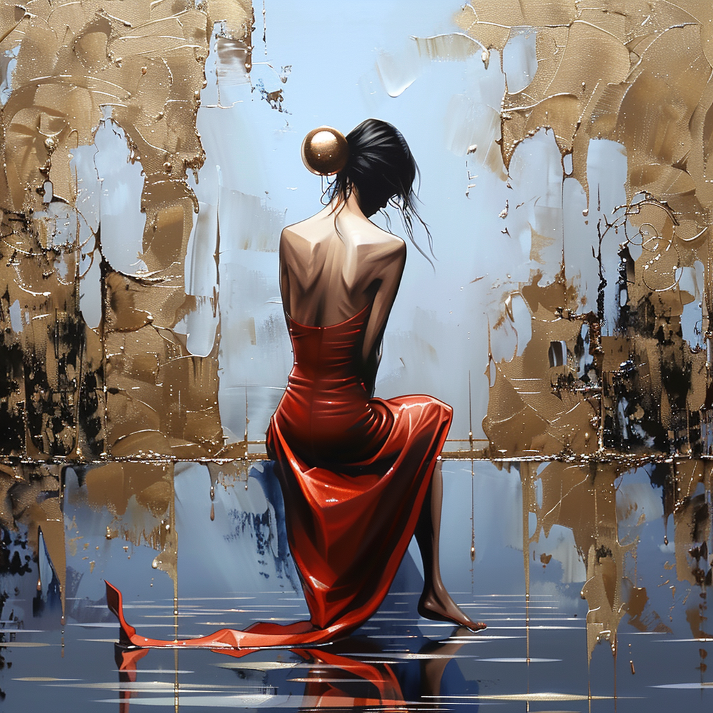 Frau im roten Kleid, kniend vor einer goldenen Wand, symbolische Darstellung von Stille und innerer Kraft.
