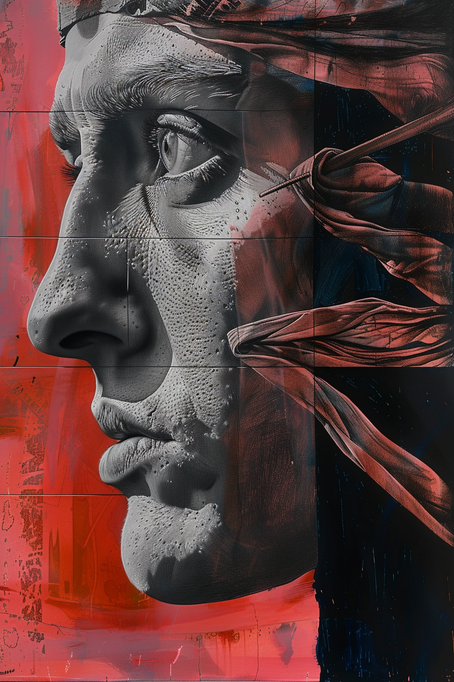 Realistisches Gemälde eines Gesichts in Schwarz-Weiß mit einer roten Stoffbahn und einem Pfeil, der das Motiv durchdringt.
