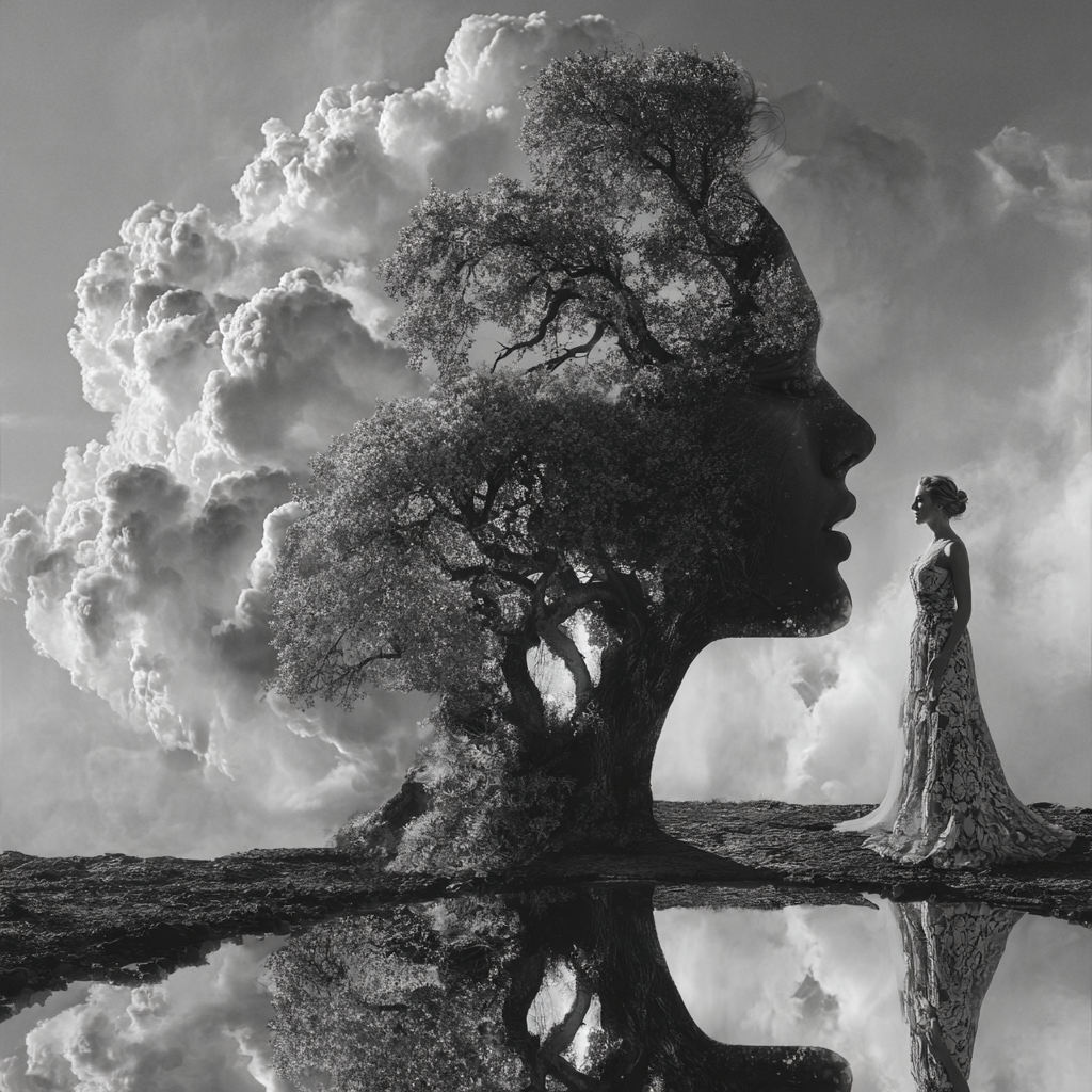 Baum, der die Silhouette eines Gesichts bildet, mit einer Frau in einem Kleid
davor. Schwarz-weiß, surreal und atmosphärisch.
