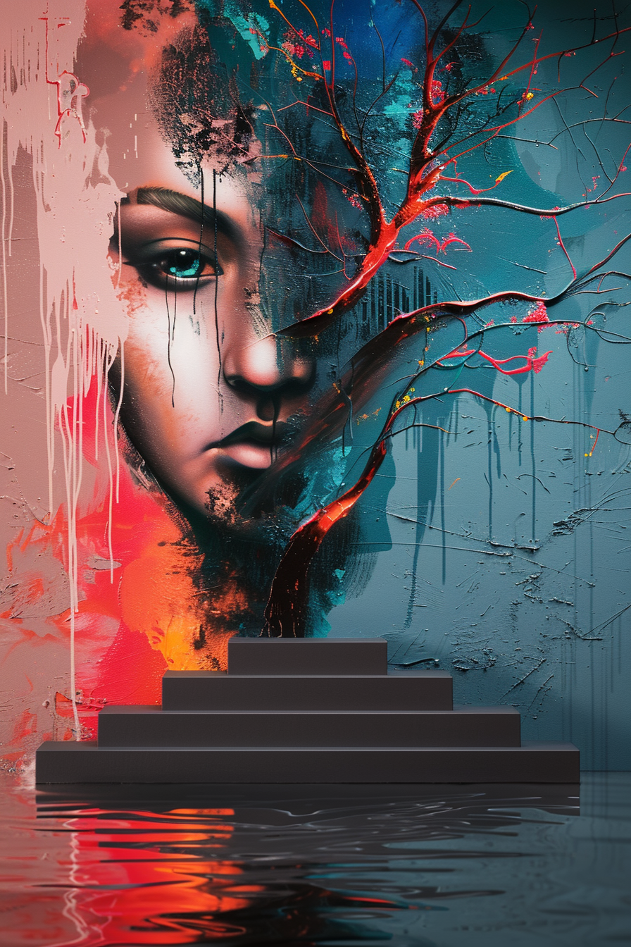 Ein halb abstraktes Porträt mit einem intensiven Gesicht, das aus einer farbigen Wand aus Blau, Rot und Rosa hervortritt. Ein leuchtender, baumartiger Ast wächst über das Gesicht und scheint zugleich Blutgefäß und Lebenslinie zu sein. Unten reflektiert sich die Szene in einer Wasserfläche.
