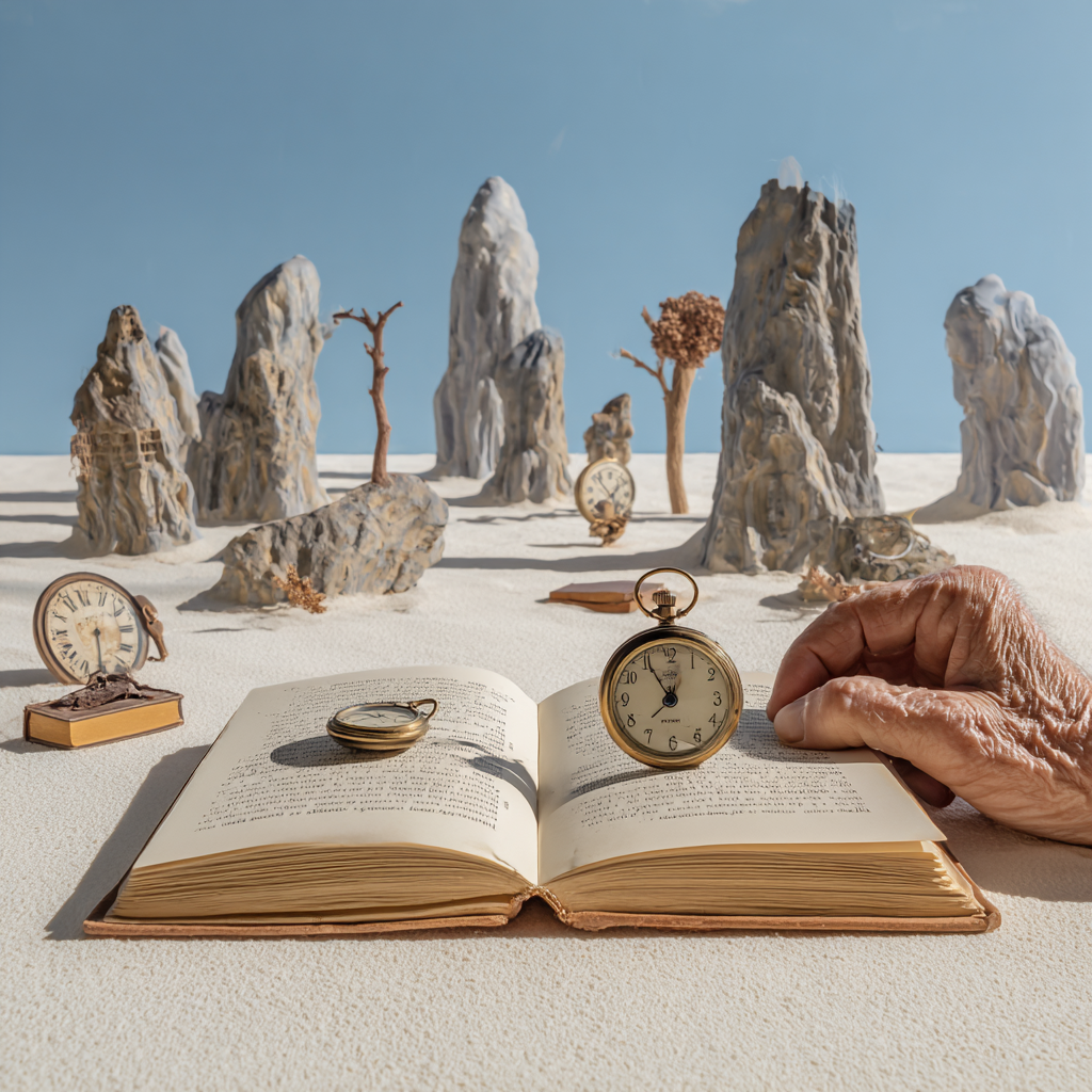 surrealistische szene mit buechern taschenuhren und hand in wuestenlandschaft
