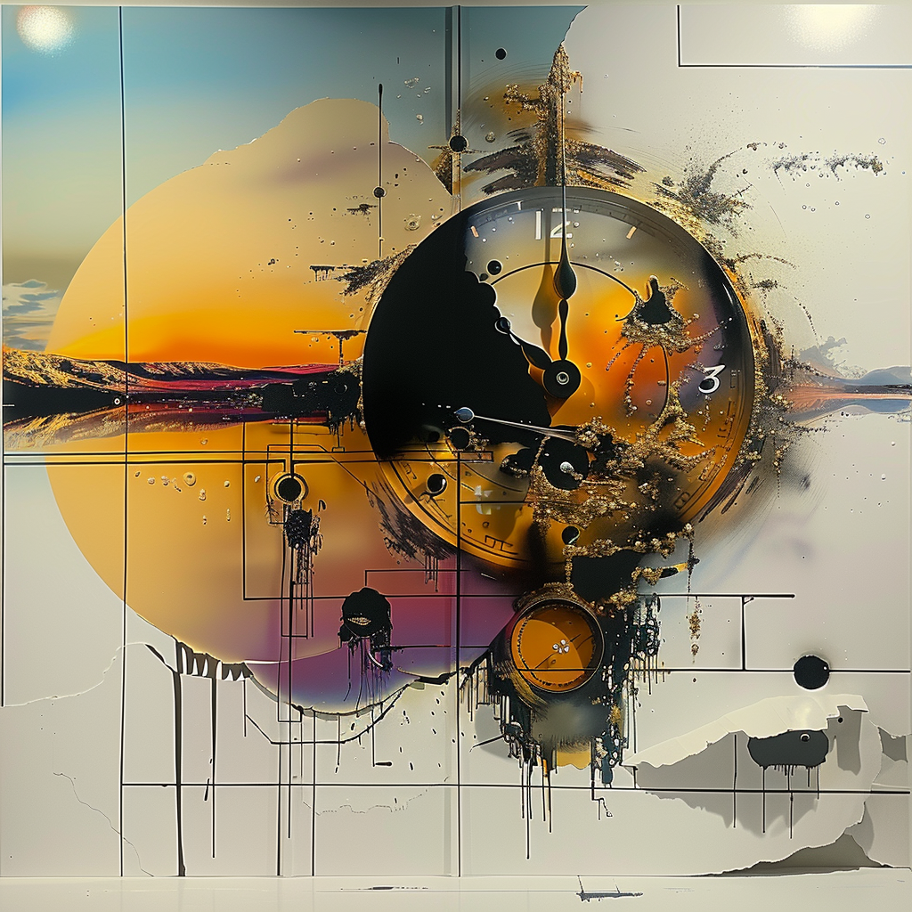 Abstraktes Gemälde einer Uhr, die mit einer goldenen und orangefarbenen Landschaft verschmilzt – ein Spiel aus Zeit, Licht und Vergänglichkeit.
