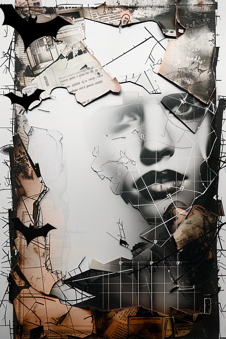 fragmentiertes gesicht in collage aus papier und linien
