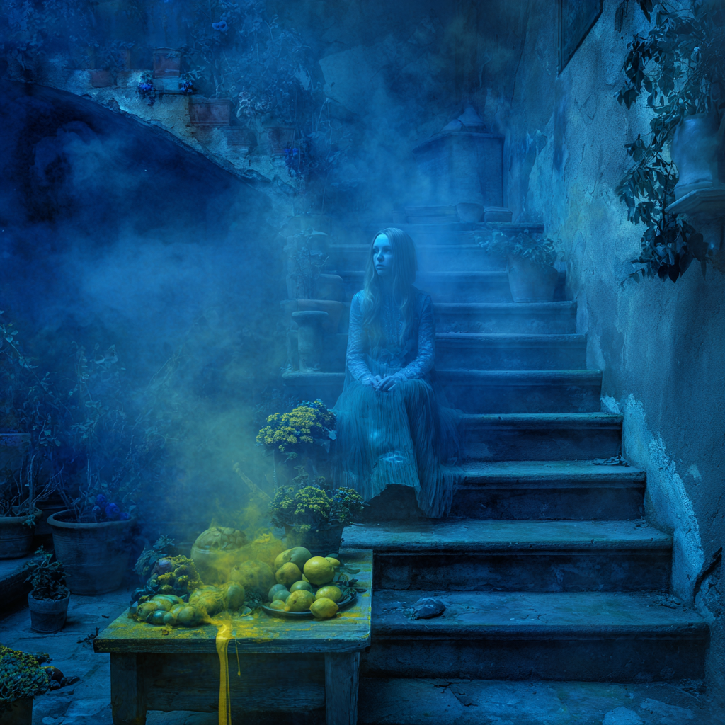 Eine Frau in einem blauen Kleid sitzt in einem nebligen, bläulich erleuchteten Innenhof auf einer Steintreppe, während vor ihr ein Tisch mit Zitronen und gelbem Rauch steht.
