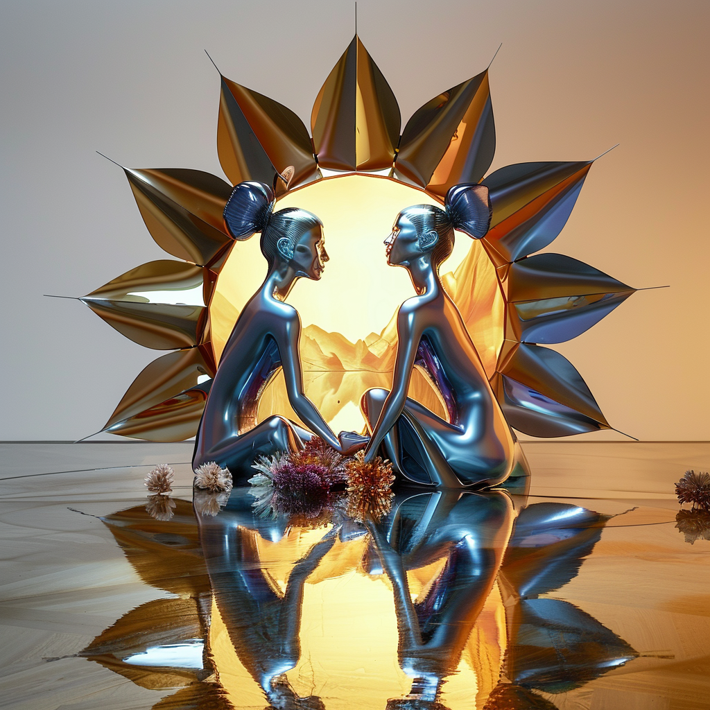 Zwei spiegelnde Figuren sitzen sich vor einer leuchtenden Sonnenskulptur gegenüber, Symbol für Balance und Einheit.

