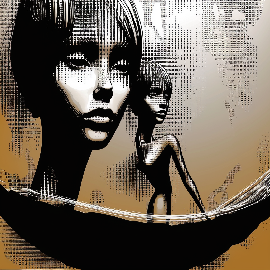 Abstrakte, monochrome Darstellung zweier weiblicher Figuren in digitalem Rastermuster
