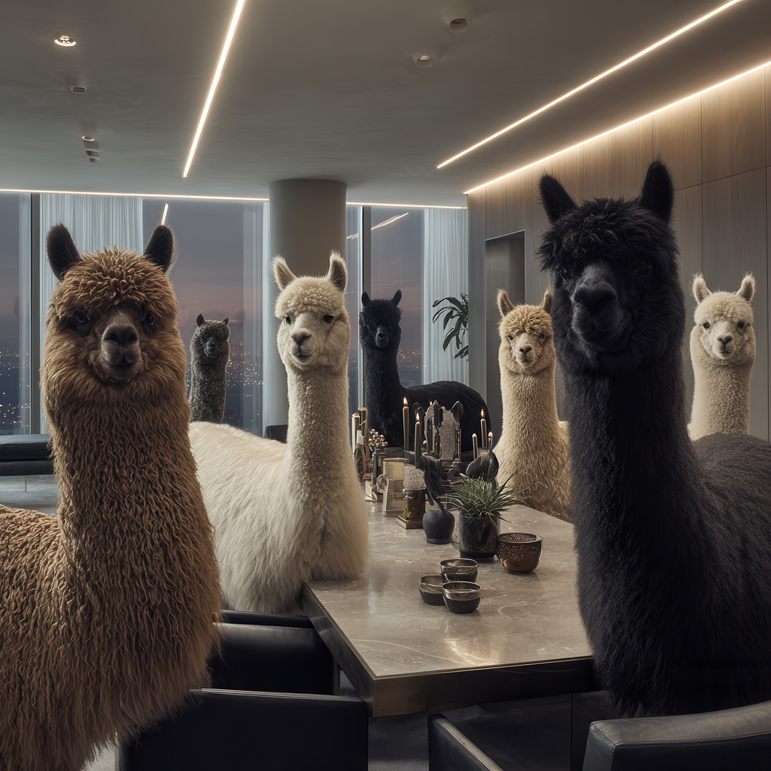Acht Alpakas sitzen wie elegante Gäste an einem luxuriösen Dinner-Tisch in einem Penthouse mit nächtlicher Skyline.
