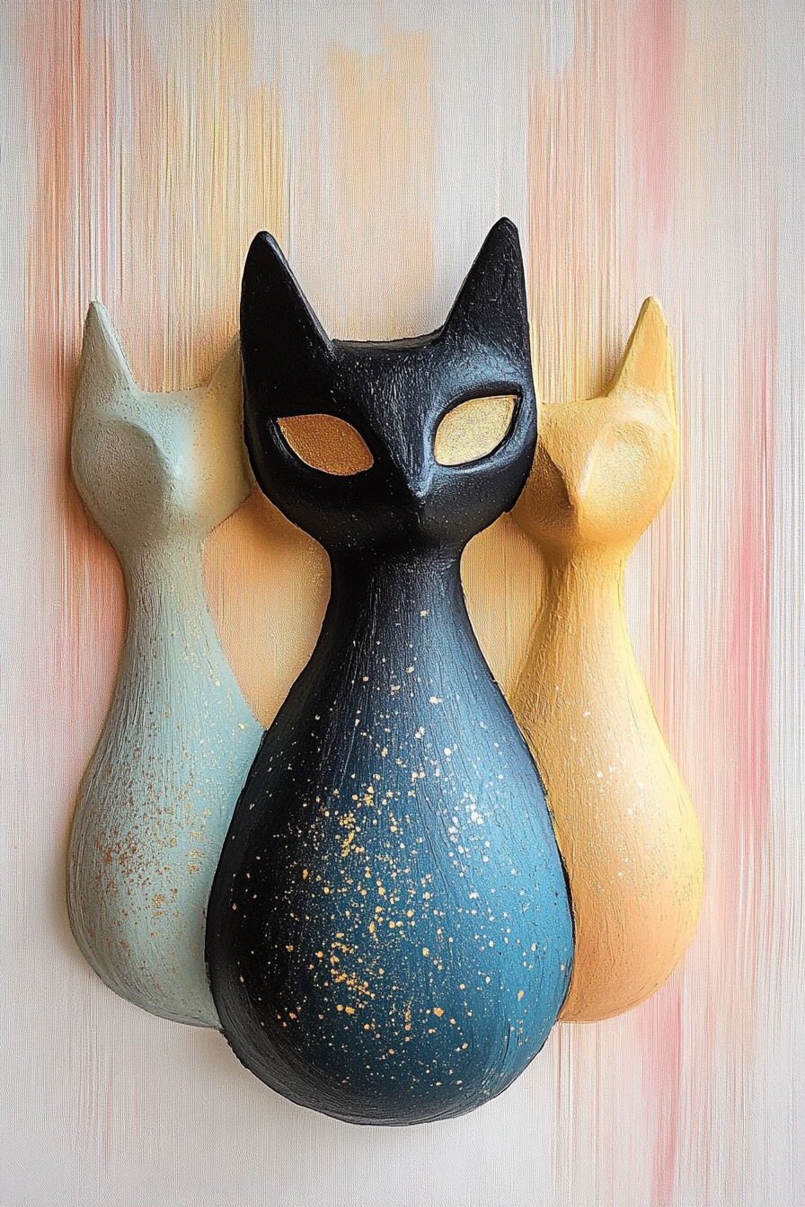 drei stilisierte katzenfiguren in schwarz blau und gold auf pastellhintergrund
