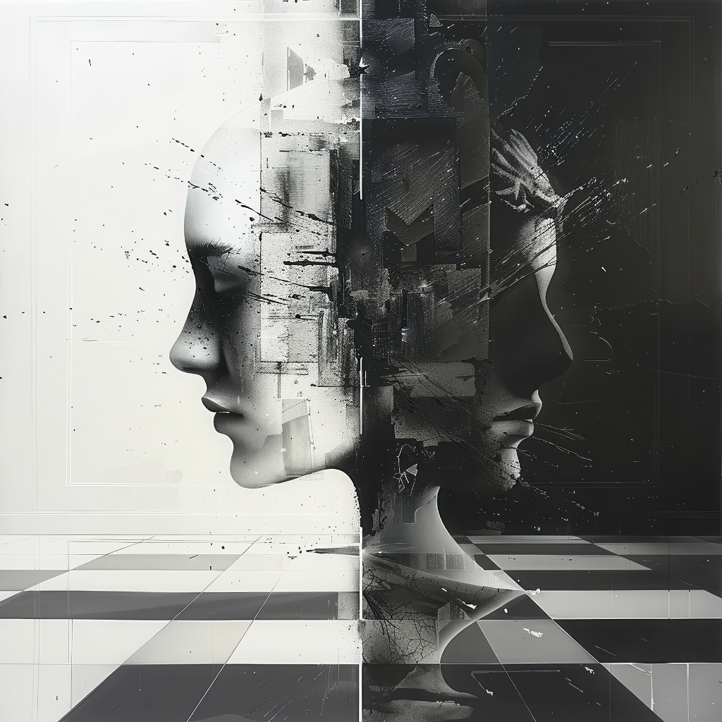 Abstraktes Schwarz-Weiß-Porträt zweier gegenüberstehender Profile.
