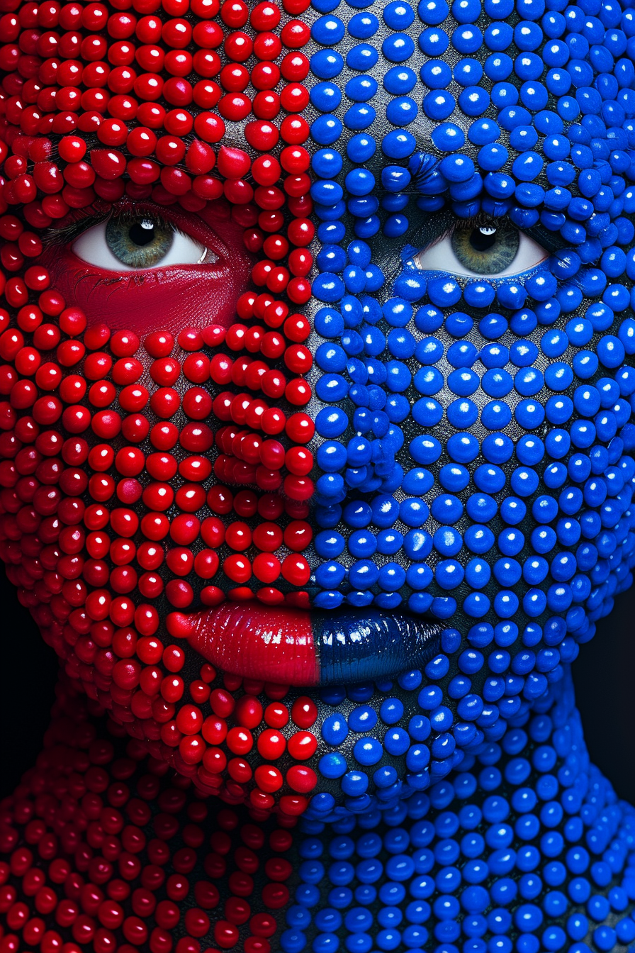 Nahaufnahme eines Gesichts, halb rot und halb blau, bedeckt mit glänzenden runden Perlen; die Farben treffen symmetrisch in der Mitte zusammen.
