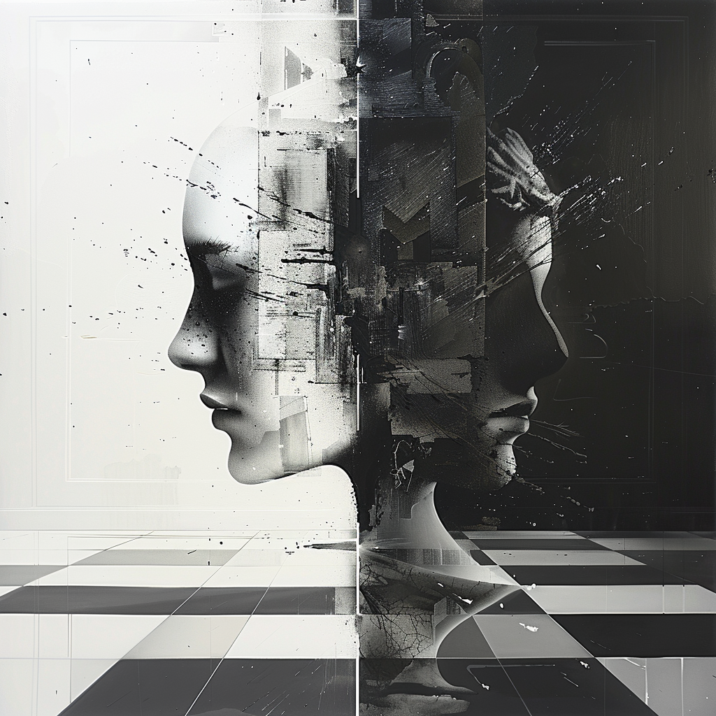 Abstraktes Kunstwerk zweier menschlicher Profile in Schwarz und Weiß, Rücken an Rücken, als Symbol für Dualität und Kontrast.
