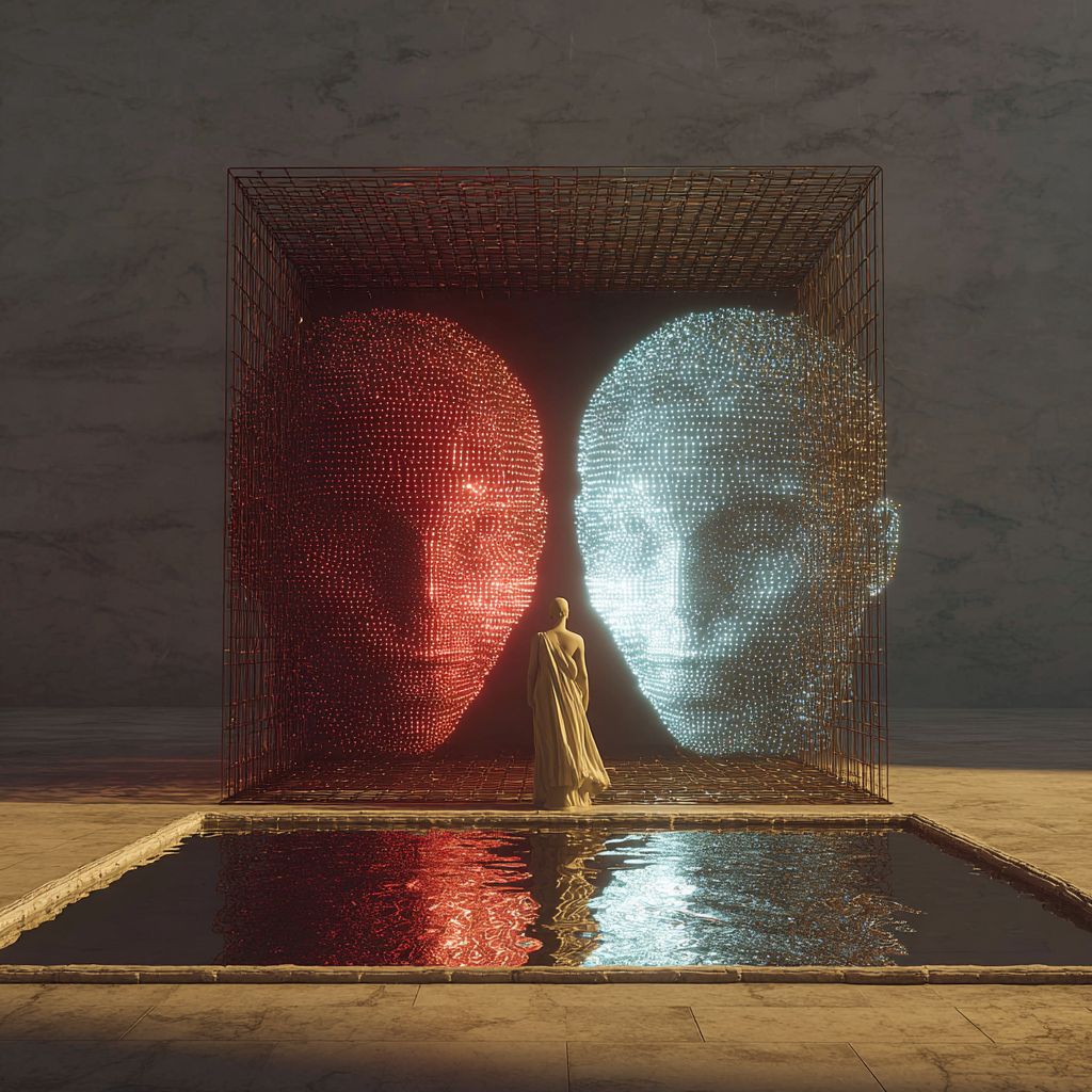 Zwei leuchtende Köpfe in Rot und Blau in einer würfelförmigen Installation, davor eine verhüllte Figur und ein reflektierendes Wasserbecken.
