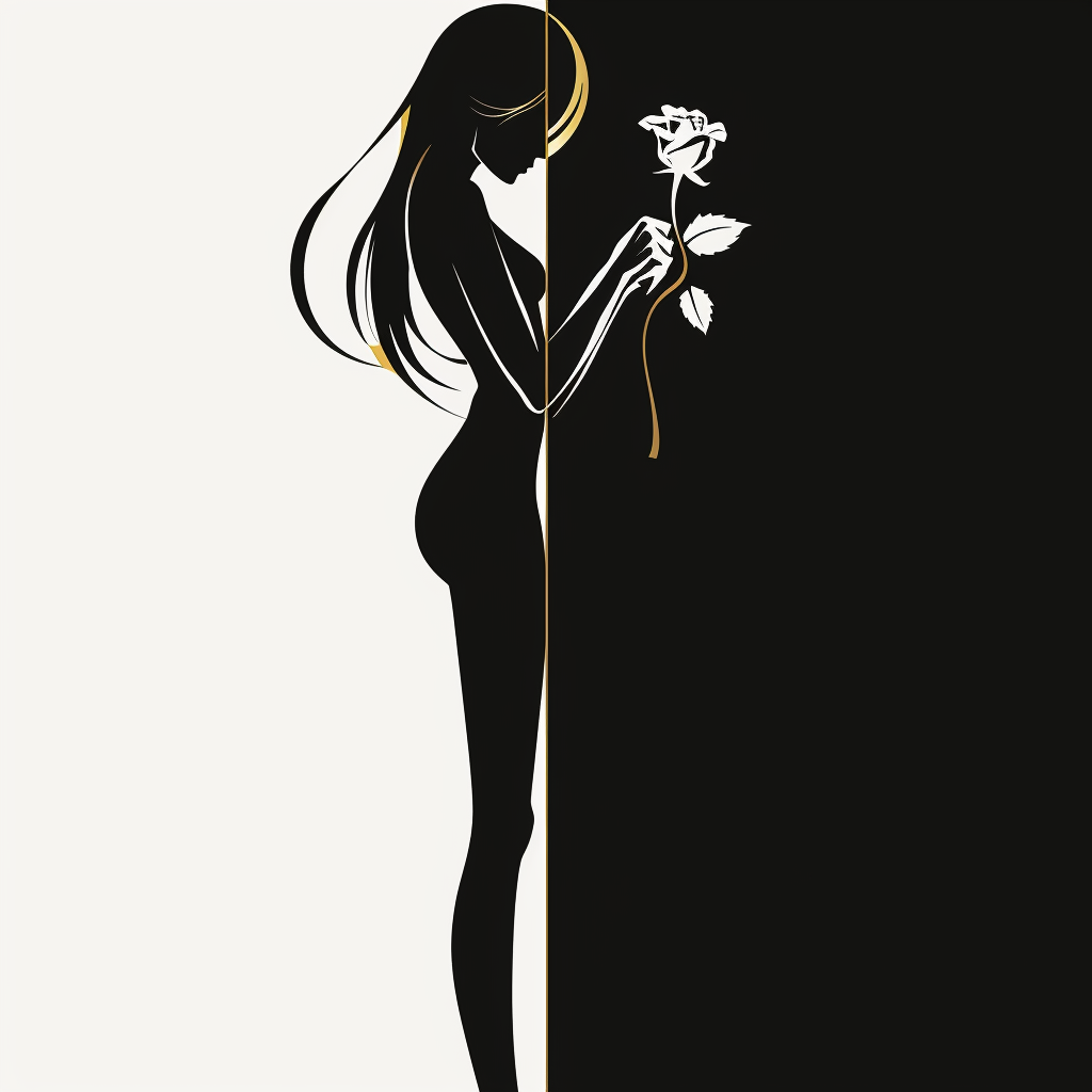 Minimalistische Illustration einer Frau im Profil, geteilt in Hell und Dunkel, die eine Rose hält – Sinnbild für Balance, Dualität und innere Zartheit.
