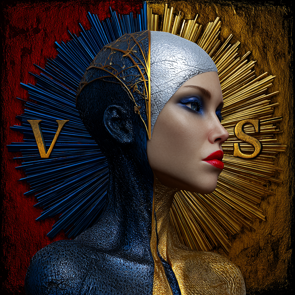 Porträt einer Frau in zwei Hälften: eine dunkelblau, eine goldfarben,
mit strahlenförmigem Hintergrund. Symbolische Darstellung von Dualität.
