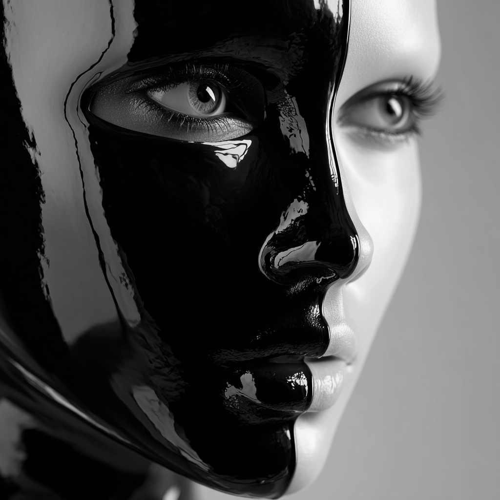 Nahaufnahme eines Gesichts in Schwarz-Weiß – die eine Hälfte glänzend schwarz lackiert, die andere hell und glatt, mit intensiven Augen und symmetrischer Komposition.
