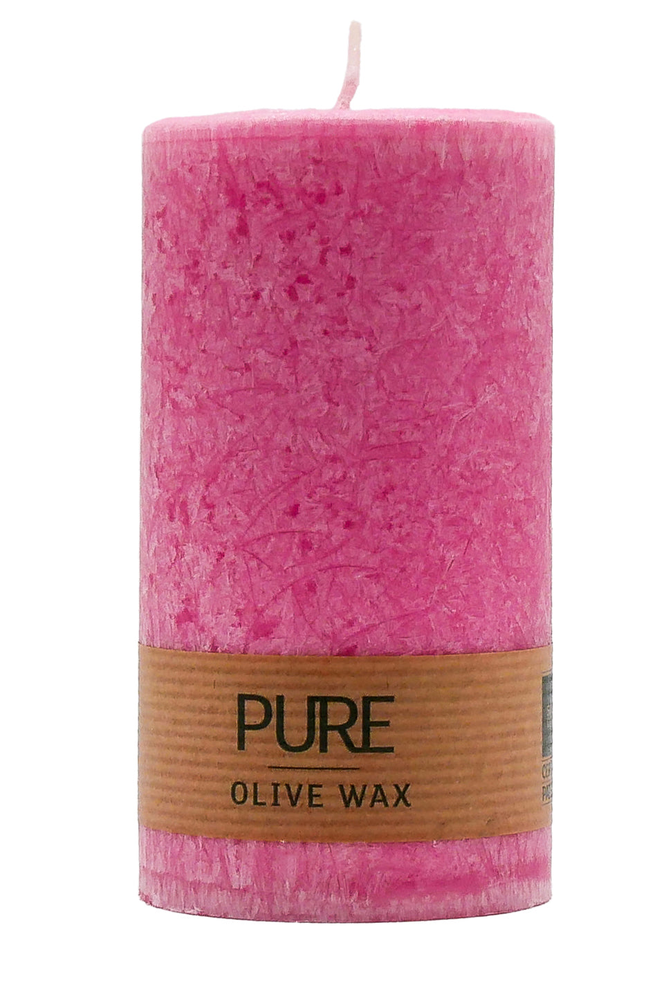 Duftkerze in Fuchsia aus Olivenwachs, freigestellt mit brauner PURE-Banderole