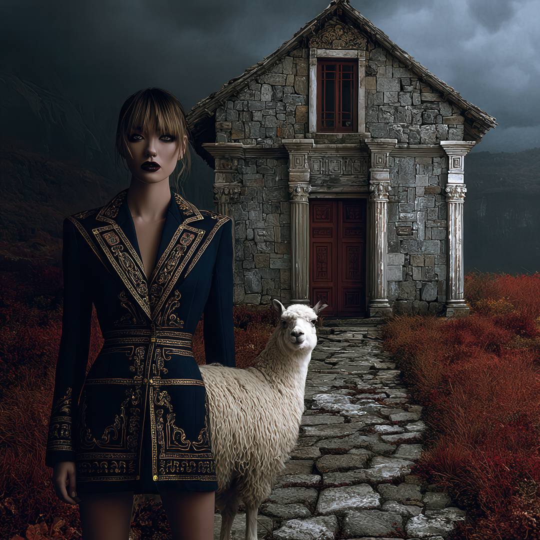 Elegante Frau und weißes Alpaka vor altem Steinhaus in dramatischer Landschaft.
