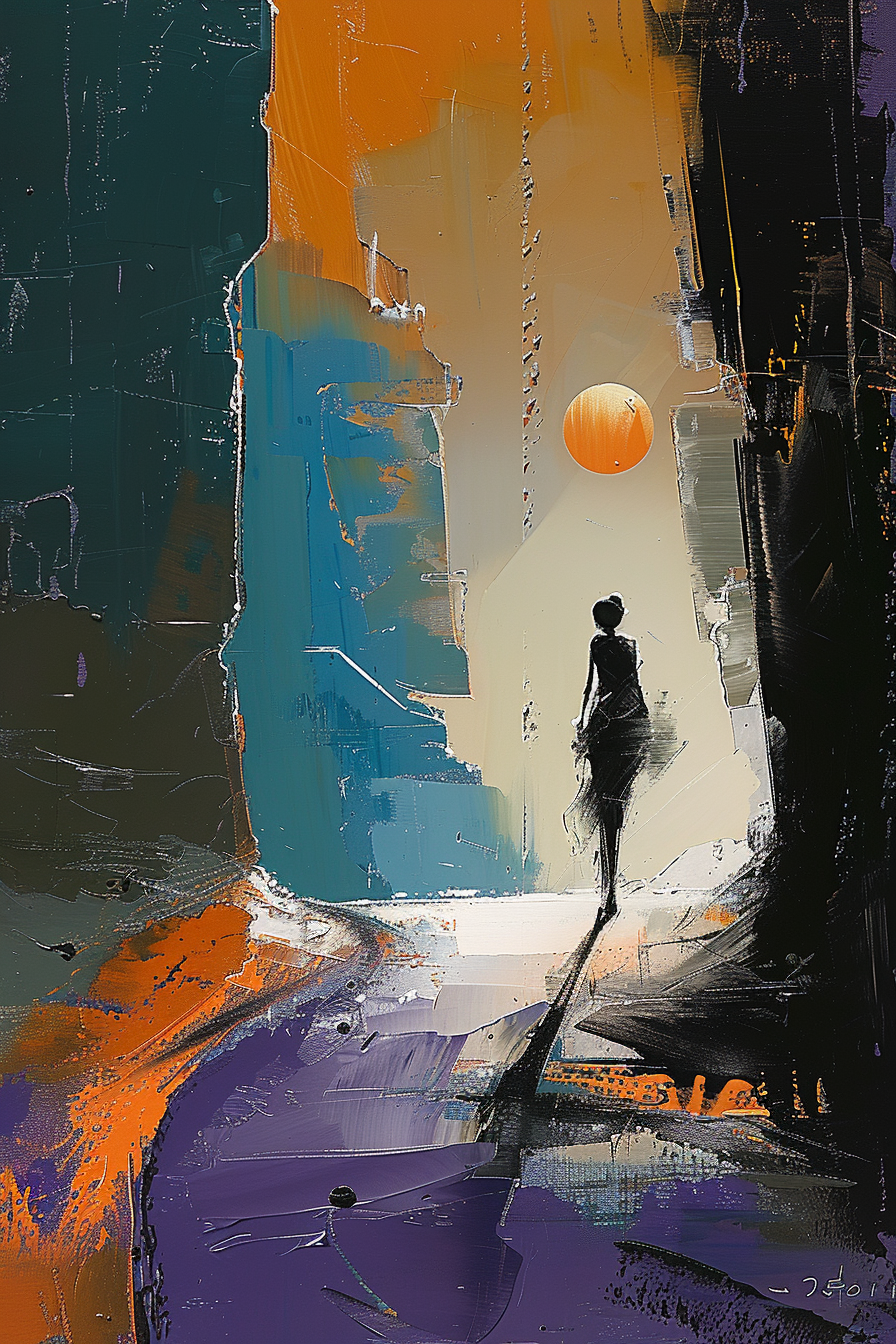 abstraktes gemälde einer figur die auf eine sonne zugeht
