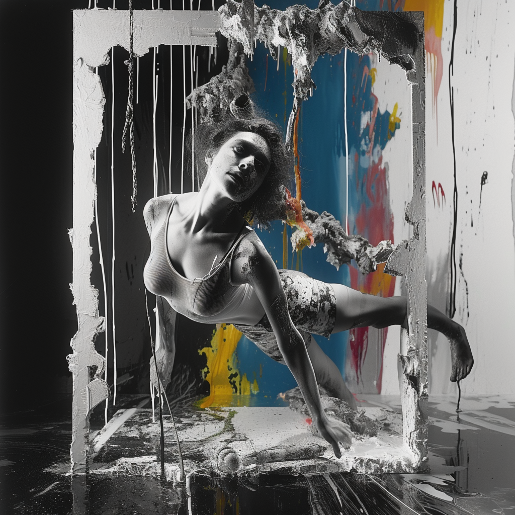 frau in farbraum-installation bricht durch rahmen aus farbe und licht
