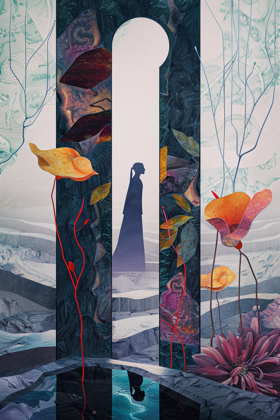 Eine Silhouette einer Frau steht hinter einer großen schlüsselförmigen Öffnung, umgeben von abstrakten Blättern und floralen Mustern in sanften Blau-, Rot- und Goldtönen.
