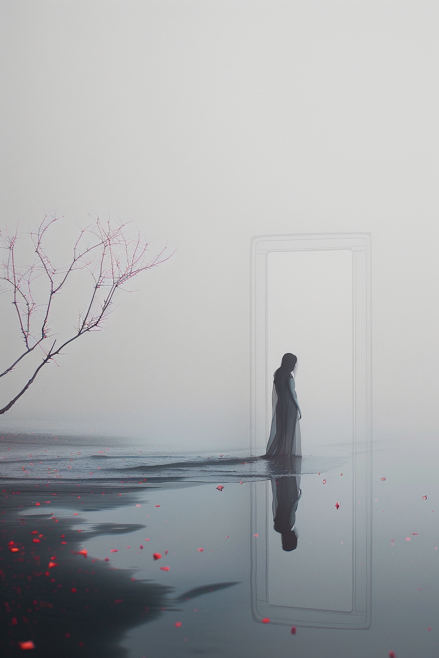 Eine in Nebel gehüllte Figur steht vor einem unsichtbaren Tor am Wasser, umgeben von stiller Melancholie und fallenden Blütenblättern.
