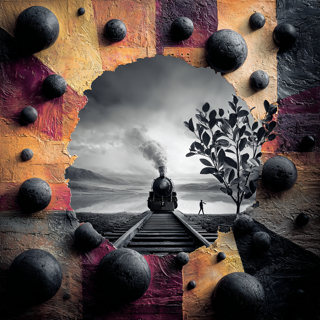 Farbiger Wandbruch mit Kugelstrukturen öffnet den Blick auf eine Dampflok und
eine Figur in monochromer Landschaft.
