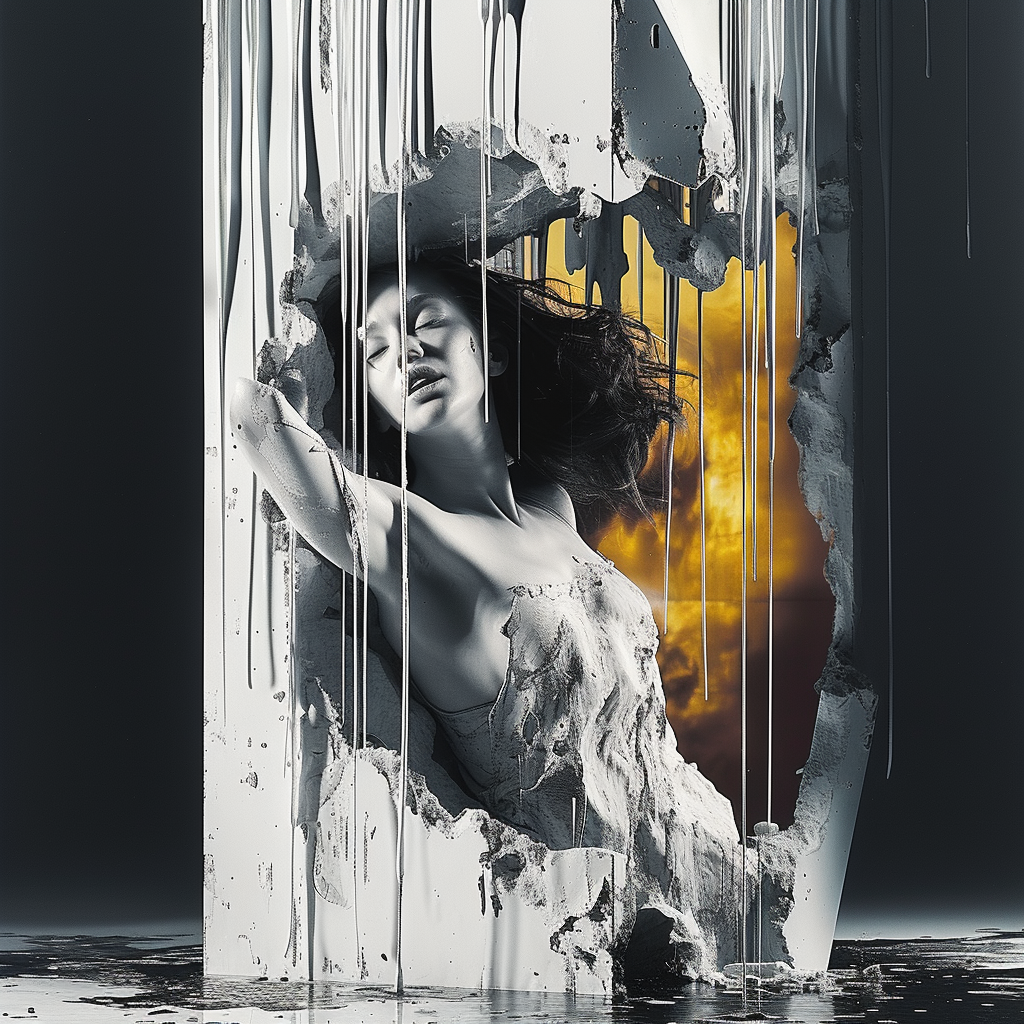 Künstlerisches Porträt einer Frau, die aus einer aufgebrochenen Wand tritt, umgeben von fließender weißer Farbe und goldenem Licht im Hintergrund.
