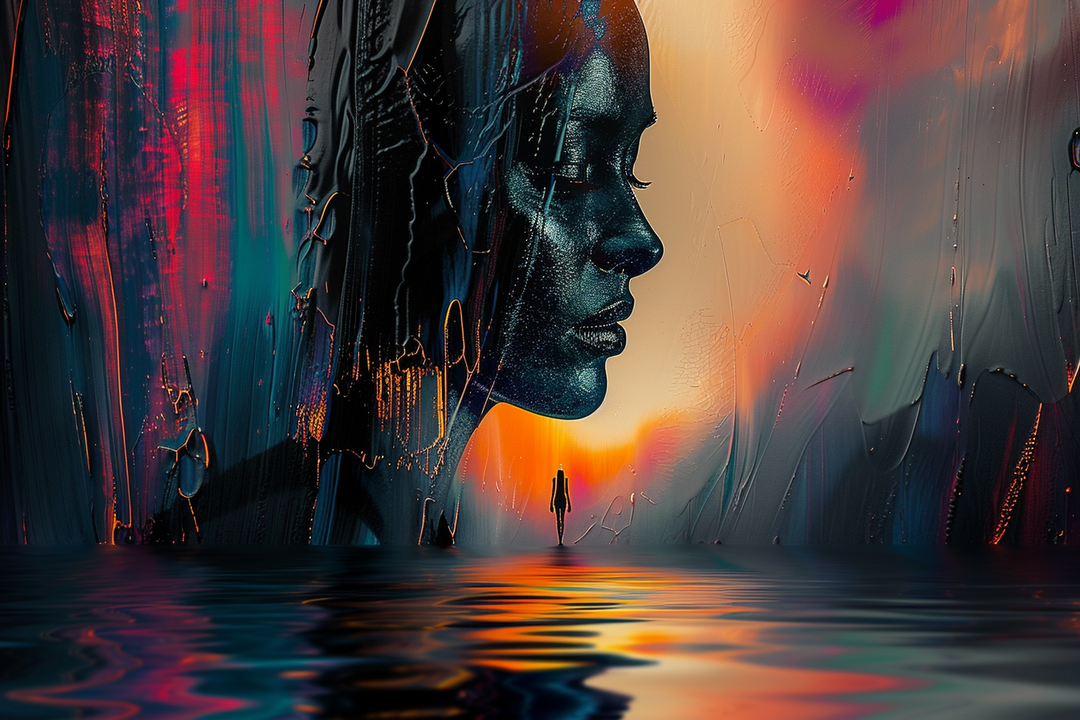 Ein stilisiertes Porträt einer Frau im Profil, deren dunkles, glänzendes Gesicht sich über einem Wasser spiegelt, während im Hintergrund ein leuchtender Sonnenuntergang erstrahlt.
