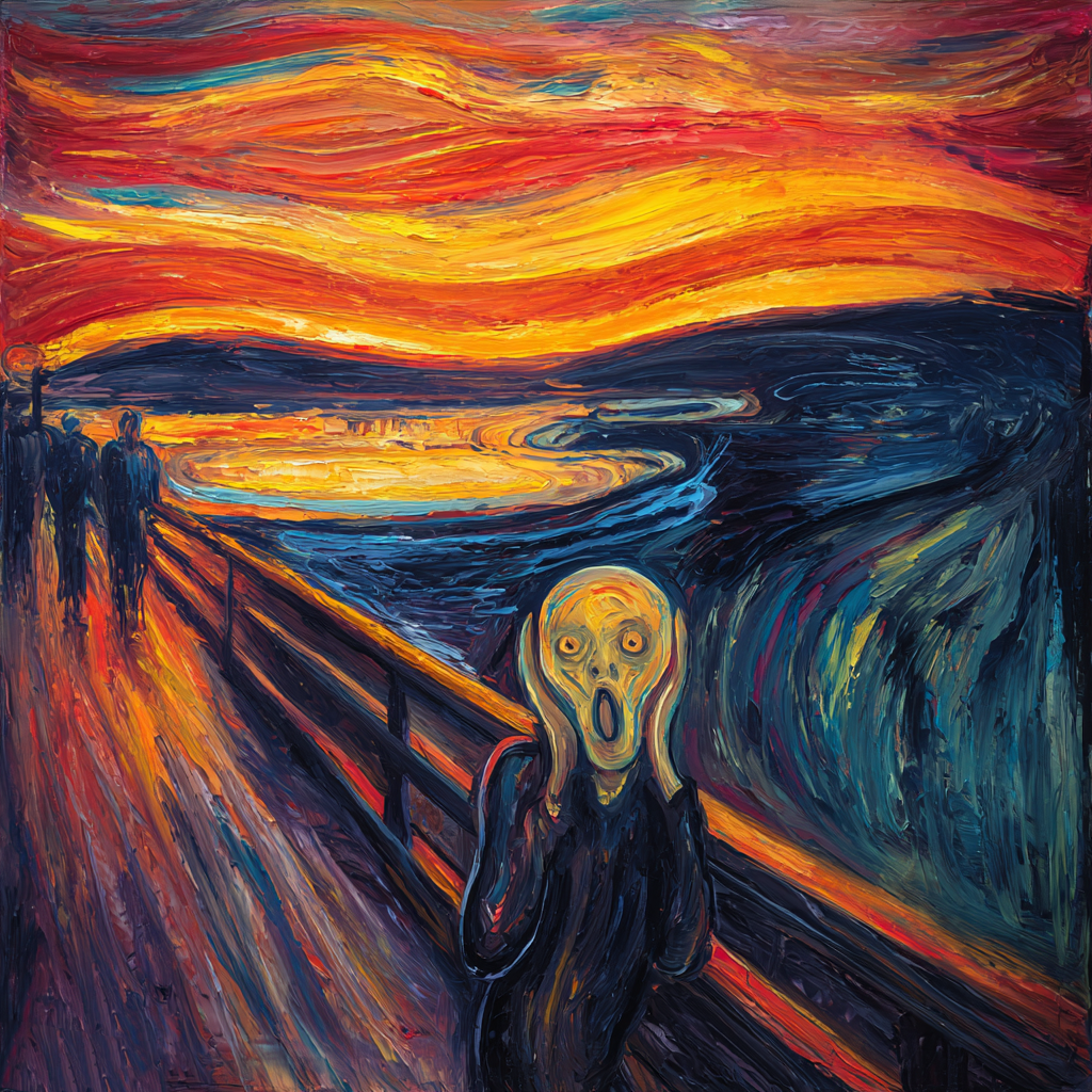 Expressionistische Szene mit schreiender Figur auf einer Brücke vor einem rot-orange-gelb wirbelnden Himmel und dunklem Wasser.
