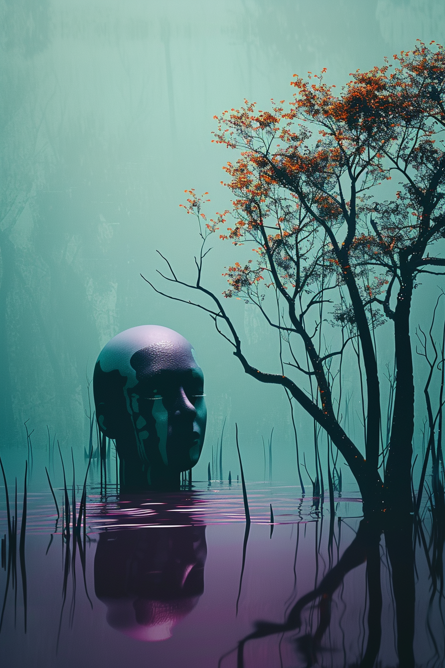Surrealistische Szene mit einem Kopf, der aus stillem Wasser auftaucht, neben einem Baum mit orangefarbenen Blättern

