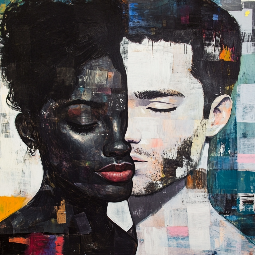 gemälde von zwei gesichtern, die sich berühren, symbol für liebe und vielfalt
