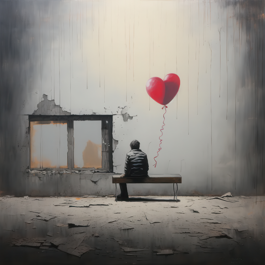 Person sitzt auf einer Bank vor einer ruinösen Wand, daneben schwebt ein roter Herzballon.
